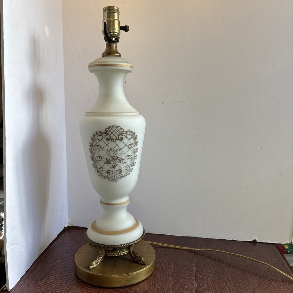 Vintage‎ frosted glass table lamp with gold hand painted flowers on footed base